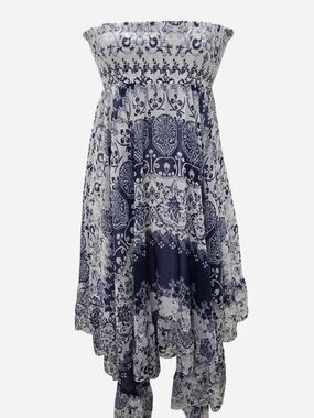Lapis By Anthropologie BOHO Navy and White Smocked Strapless Dress